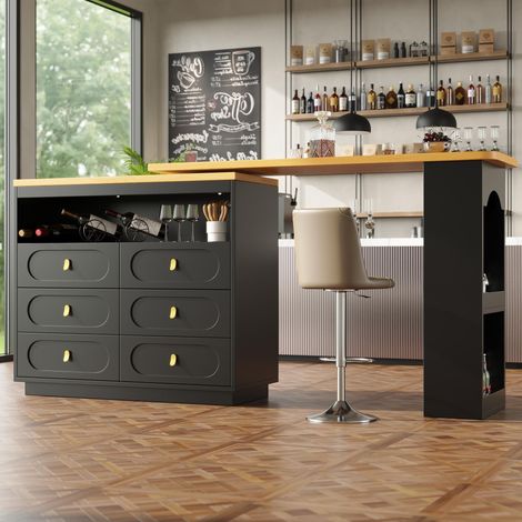 Tavolo bar allungabile 138-203 cm - Con cassetti e spazio contenitivo,  su ruote, girevole a 360° - per cucina, soggiorno, sala da pranzo o ufficio, nero (1/5)