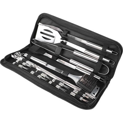 Ensemble de 20 pièces pour barbecue professionnel en acier inoxydable comprenant pinces, spatule, fourchette et brosse, idéal pour le camping et les voyages en plein air. (1/5)