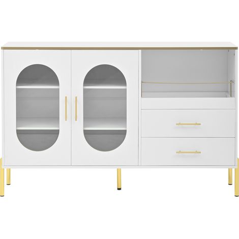 Aparador blanco con 2 cajones y 2 puertas de cristal, MDF, 140 x 38 x 90 cm (1/4)