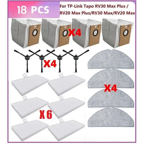 18 pièces pour aspirateur RV30 / RV20 / RV30 Max / RV20 Max : filtres, brosse latérale et sacs à poussière (1/5)