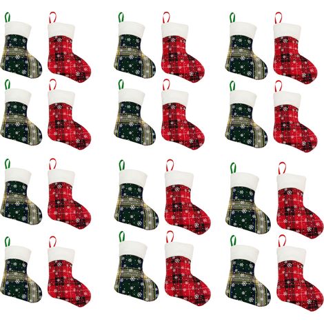 Chaussette De Noël - Motif Flocon De Neige Et Carreaux - Rouge Vert Blanc - Pour Décoration De Cheminée Arbre De Noël Mur - Lot De 12 Ou 24 Pièces (1/5)