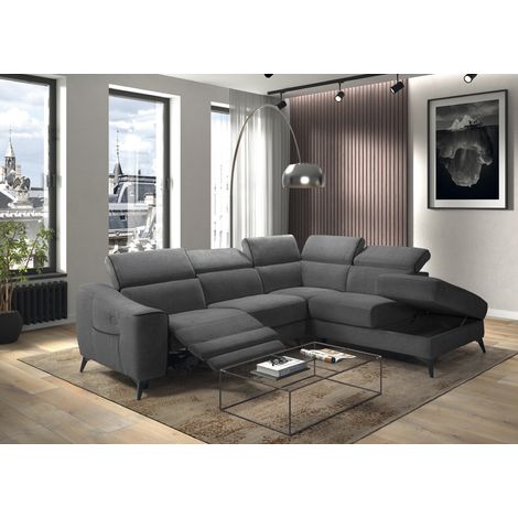 Pegane – Canapé d'angle relax électrique avec coffre – Dimensions L 364 x P 309 x H 78/98 cm – Revêtement microfibre 100% polyester – Angle droit