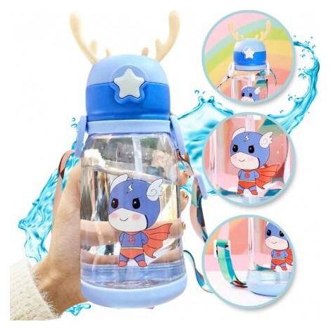 ECARLA Borraccia per bambini con cannuccia 600ml Blu con rose BD30N (1/5)