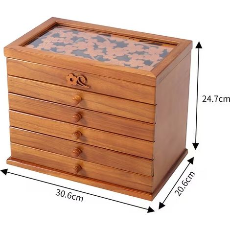 Floral Polished Solid Wood Jewellery Box, Vintage Multi-Layer Desktop Jewellery Storage Organiser, High-Capacity Elegant Accessory Display Case for Ladies Bedroom Vanity (1/5)