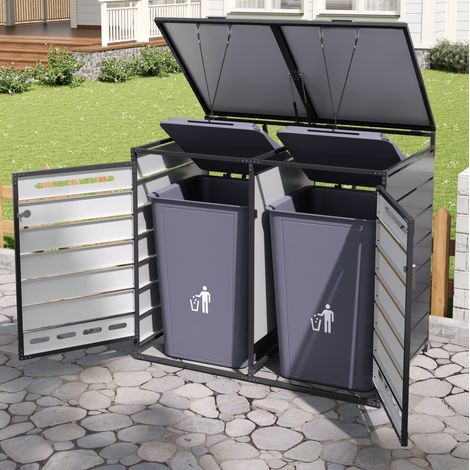 Mülltonnenbox für 2 Tonnen 131x79x116 cm aus schwarzem Eisen mit hydraulischen Deckeln – MEUBLIV (1/5)