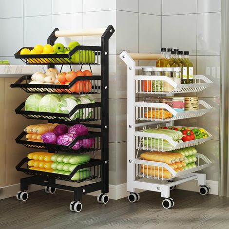 Chariot de cuisine étroit sur roulettes avec freins - Desserte de rangement en acier carbone, 4 niveaux avec poignée en bois, panier fruits & légumes pour cuisine/pantry/salle de bain, blanc - ZWJ-682 (1/5)