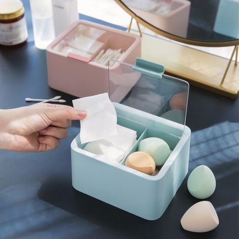 Boîte de rangement pour cotons démaquillants avec couvercle, anti-poussière, rangement pour rouges à lèvres de bureau, boîte de rangement à double compartiment pour divers articles, bleue. (1/5)