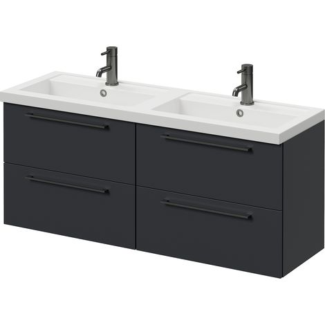 Napoli 390 Gloss Grey 1200mm Wall Mounted 4 Drawer Vanity Unit with Double Lucia Basins - 1200mm - Gunmetal Grey 320mm Handle