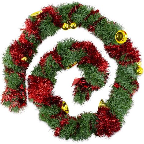 778773 Couronne de Noël tressée 280cm avec cloches, boules rouges et dorées