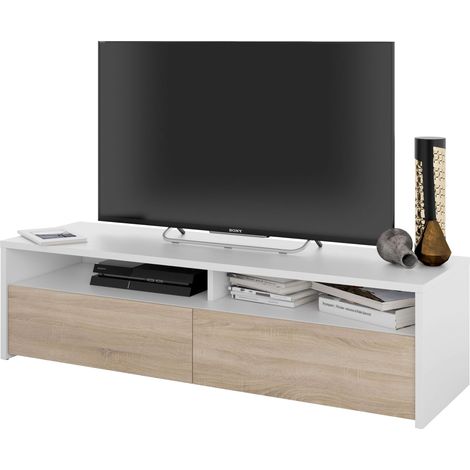 Meuble TV multimédia 130 cm – 2 portes pliantes en mélamine blanc arctique et chêne canadien – Compatible avec téléviseurs jusqu'à 55 pouces (1/10)