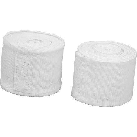 Lot de 2 bandes de boxe en coton de 5 m, séchage rapide, semi-élastiques, fermeture auto-agrippante, blanches. Idéales pour le kickboxing et la boxe thaï. (1/5)
