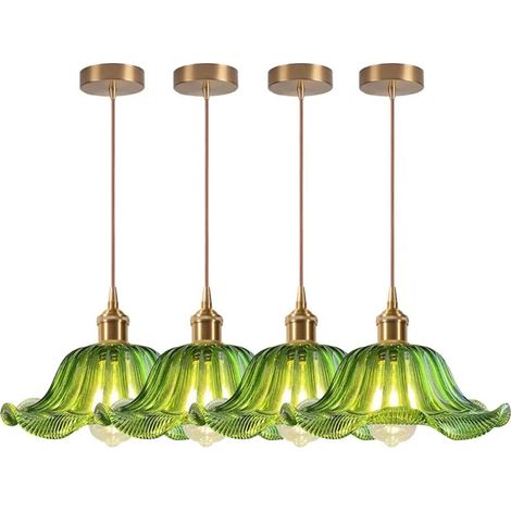 4pcs Lustre en Verre Vert,Suspension Luminaire Industriel Vintage Abat-jour Design Fleurs E27 Lampe de Plafond Style Nordique (1/5)