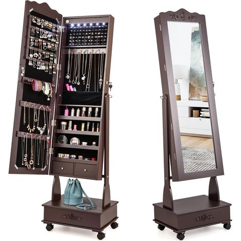 COSTWAY Armario Para Joyas con Ruedas, Organizador de Joyerías con Luces LED y Cerradura, Gabinete de joyería con Espejo de Cuerpo Entero y 3 Posiciones Ajustables, Cajones para Dormitorio (Marrón) (1/5)