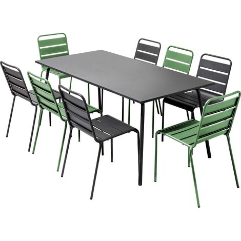 Ensemble table de jardin et 8 chaises en métal gris et vert cactus - Palavas