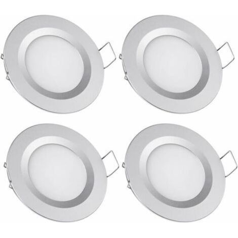 4 spots LED encastrables 12 V pour camping-car, bateau, van – Ø 58–65 mm, 3 W, blanc chaud 3200 K, finition argentée (1/4)