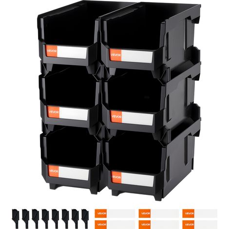 VEVOR Contenitori Impilabili in Plastica, 377 x 215 x 180 mm, 6 Pezzi, Contenitori in Plastica per Organizzare Oggetti in Armadio, Garage, Piccole Parti, Forniture per Ufficio, Altri Accessori, Nero