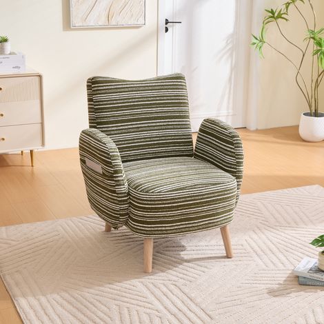 Fauteuil relax en tissu de bouclé – Avec poche latérale et pieds en bois massif – Fauteuil de lecture confortable pour salon, chambre et bureau – Vert olive (1/5)