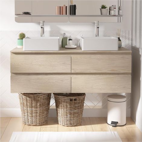 Mob-In – Meuble double vasque suspendu 120 cm – Plan bois décor chêne – Vasques en céramique COMA – 4 tiroirs résistants à l'usure – Robinet mitigeur TAP inclus