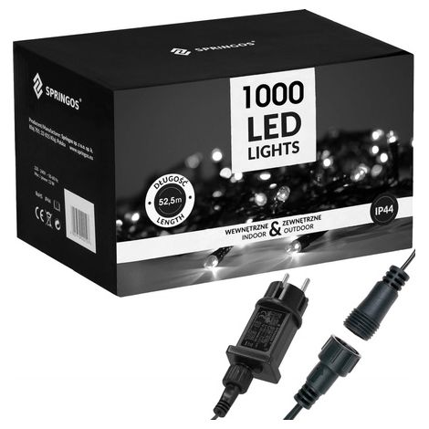 SPRINGOS Lichterkette 1000 LED 52,5 m Programmer 8 Funktionen Kaltweiß Stromversorgung Indoor Outdoor Weihnachten