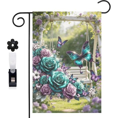 Drapeau de jardin style romantique et papillons bleus 30 x 45 cm décoration terrasse et extérieur (1/5)