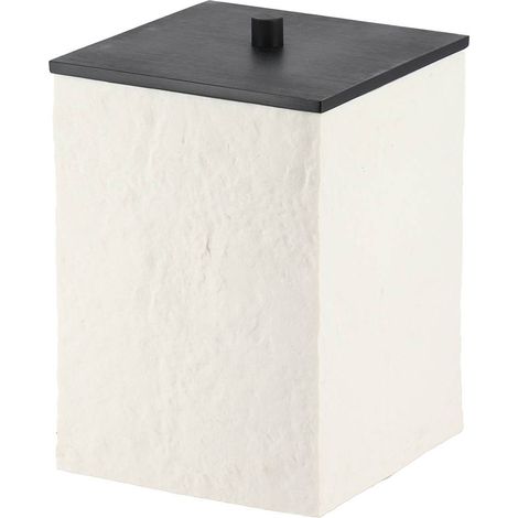 Cubos de basura cuadrados de polirresina con efecto de piedra y tapa de bambú negro mate, 5 l - blanco - Tendance (1/2)