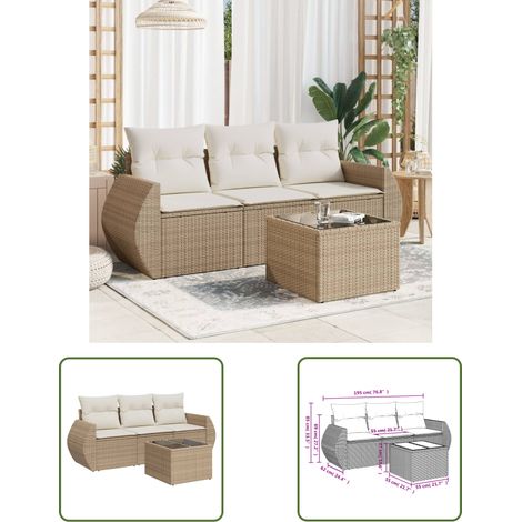 The Living Store 4-tlg. Garten-Sofagarnitur mit Kissen Beige Poly Rattan - Gartenmöbel Set - PE-Rattan Möbel - Outdoor Sofa - Esstisch - Lounge Set (1/3)