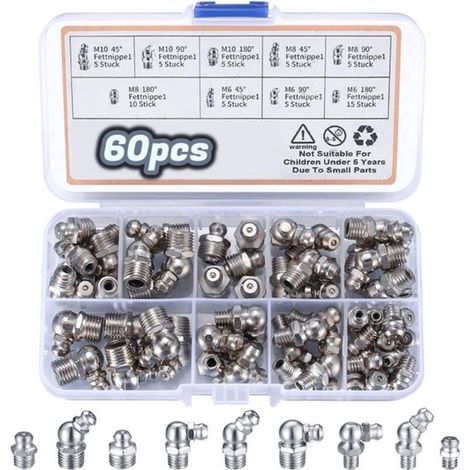Assortiment 60 graisseurs filetés M6/M8/M10 droit/45°/90° pour machines (1/5)