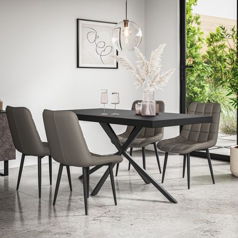 Donni Dining Table And Chairs - Black Table Top w Black Legs + Nova Faux Leather Dining Chair Set Of 6 (Grey) (1/5)