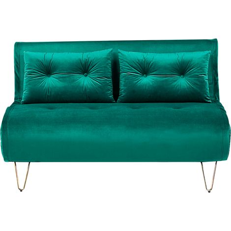 Sofá cama 2 plazas de terciopelo verde oscuro dorado sin reposabrazos 2 cojines Vestfold