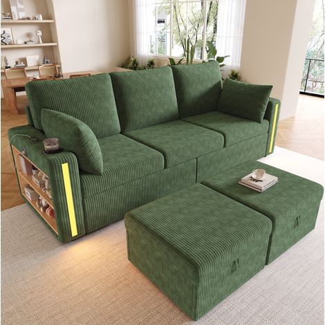 Sofá modular U y L (190x130x85 cm), con 2 pufs con almacenaje, LED, USB y Tipo C, chenilla, verde (1/5)