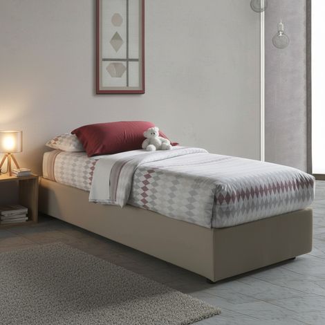 Talamo Italia - Letto singolo Ermanna, Letto contenitore con rivestimento in ecopelle, 100% Made in Italy, Apertura laterale, con materasso Cm 80x190 incluso, Tortora (1/5)
