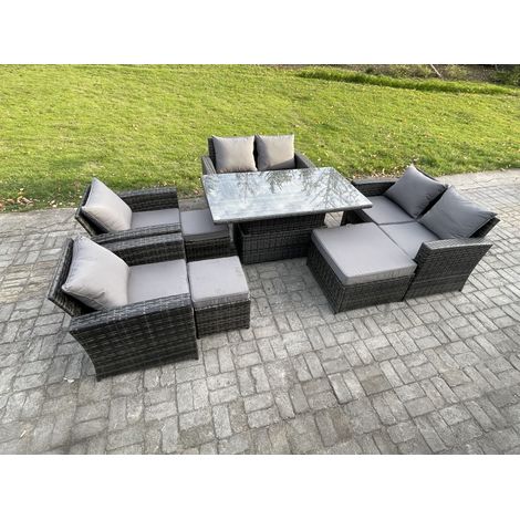 Fimous Outdoor Garden Furniture Sets 8 Pieces Wicker Rattan Furniture Sofa Dining Table Set with 3 Footstools Dark Grey Mixed (1/5)