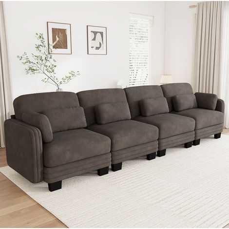 MODFU – Canapé droit modulable 4 places 330x88x88 cm chenille – Coussins lombaires et accoudoirs – Mousse 28D et charge 600 kg – Salon – Marron (1/5)