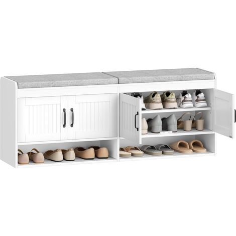 Banc à Chaussures, 140 cm, Étagère à Chaussures avec Siège, Banc avec Espace de Rangement, Espace Ouvert, Rangement Caché, pour Le Salon, et L'entrée, 35 x 140 x 54 cm, Blanc (1/5)
