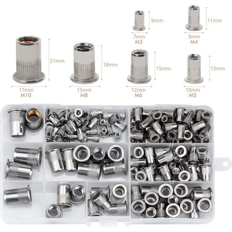 Lot de 165 écrous à sertir, acier inoxydable, tête plate filetée M3 M4 M5 M6 M8 M10, kit assortiment pour réparation fixation (1/5)