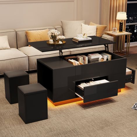 Mesa salón elevable con LED y almacenaje negro 4 en 1 OKMYHOME (1/5)
