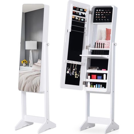 Armoire à bijoux avec miroir réglable et éclairage LED, bois, blanc, 30 x 146 x 36 cm