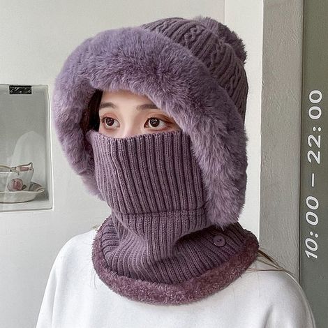 Ensemble bonnet et cache-cou chaud en maille pour l'hiver (1 pièce), bonnet d'hiver pour femme, bonnet souple en maille avec pompon en fourrure, doublure polaire épaisse et douce, masque ajustable, co (1/5)