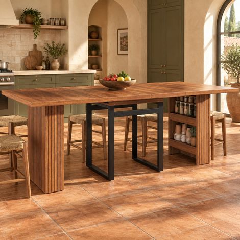 Mesa de comedor extensible 120-160-200 x 80 cm con almacenaje integrado, MDF y metal marrón oscuro (1/5)