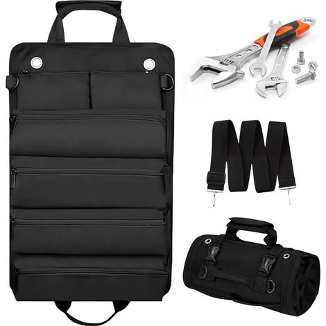 Sac à Outils Noir, Petite Boîte à Outils Enroulable, Organiseur à Outils Robuste, Avec 2 Pochettes à Outils Amovibles, Cadeau Approprié (1/5)