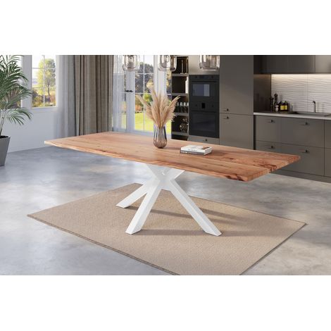 Esstisch Baumkante massiv Akazie natur 300 x 100 cm Spider-Gestell weiß KALEA (1/5)