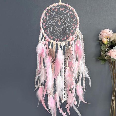Attrape-rêves pour filles, style bohème, à suspendre au mur, avec des plumes roses, fait main. (1/4)
