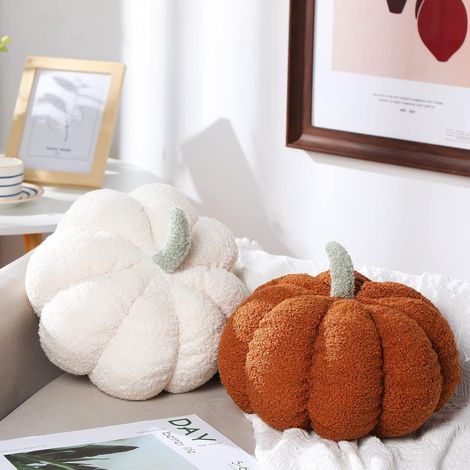 Lot de 2 coussins citrouille 3D en peluche - Coussins moelleux pour la décoration d'automne, coussins décoratifs confortables pour la chambre et le canapé, décoration automnale (blanc, marron)