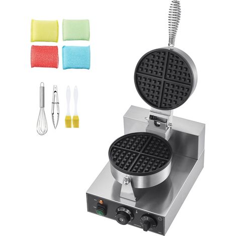 Gaufrier professionnel 1230W, plaque ronde antiadhésive en acier inoxydable, réglage température et minuterie, poignée, pour restaurant, boulangerie, snack-bar et famille. (1/5)