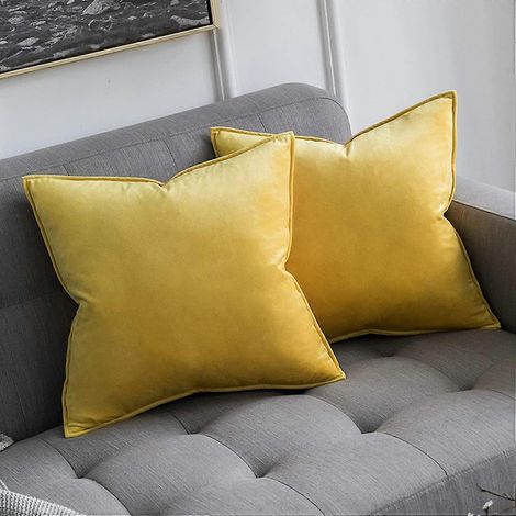 Lot de 2 housses de coussin en velours pour canapé et chambre, avec fermeture éclair invisible, bordure décorative, 45 x 45 cm, jaune citron (1/4)