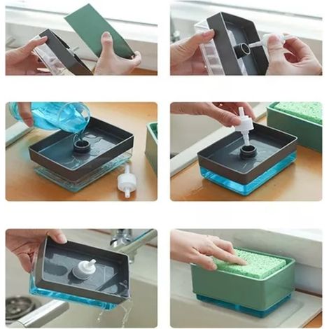 Distributeur de liquide vaisselle pour la cuisine, distributeur automatique, boîtier de distribution automatique à bouton-poussoir, distributeur de savon pour éponge à récurer. (1/5)