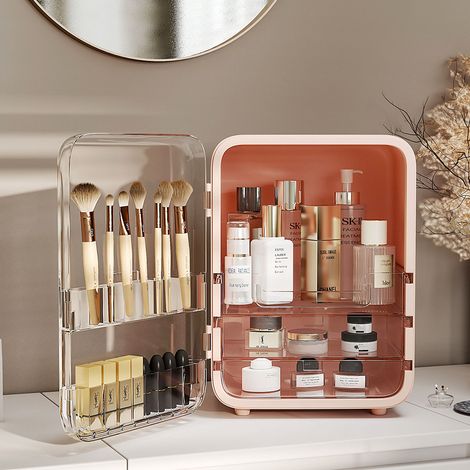 Large Capacity Makeup Cosmetics Organizer with Mirror,Pink (1/5)