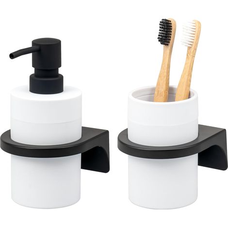 1 Ensemble Accessoires Salle De Bain - Distributeur Savon Gobelet - Support Mural Adhésif Ou À Visser - Pour Hygiène Et Rangement - Blanc - 7x11cm Et 7x16x9cm