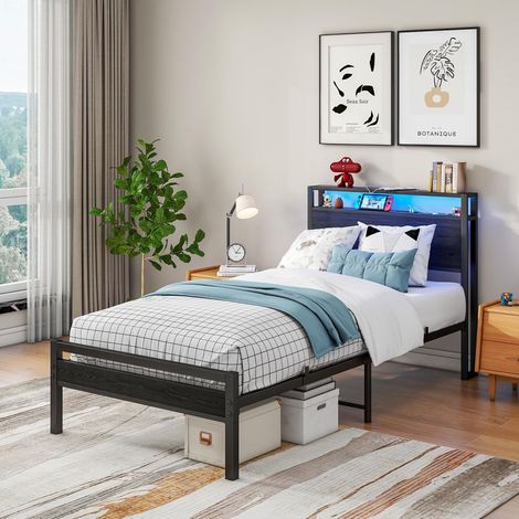 Letto per bambini 90x200 cm con contenitore, USB-C e LED, testiera con nicchie, struttura in metallo MDF nero. (1/5)