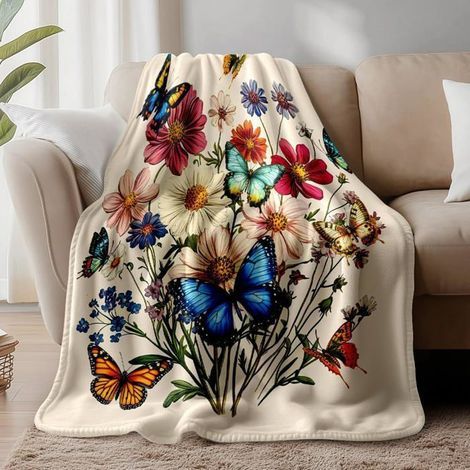 Vintage watercolor floral blanket with butterfly and wildflower motifs, soft, 150x130 cm (1/5)